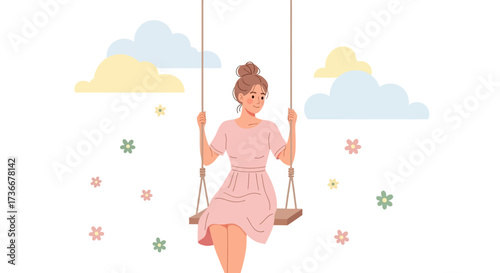 Happy woman sitting on a swing under the clouds, illustration, concept art