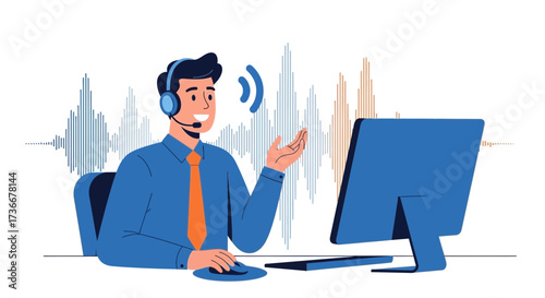 Illustration of a Customer Service Representative with Headset Working at Computer