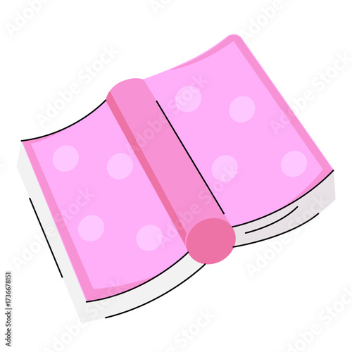 Open pink book with polka dots sitting on a plain background, showcasing its colorful design and inviting pages for readers of all ages