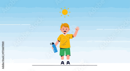 Illustration of a cute boy waving and holding a water bottle in the sunny weather