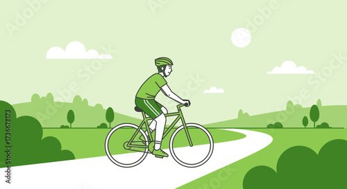 Illustration of a cyclist riding a bicycle in a vibrant park on a sunny day