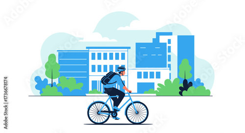 Illustration of a cyclist riding a bicycle through a city in vector style