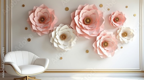 Soft pink and white paper flowers decorate a wall with a plush armchair
