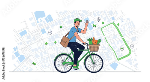 Illustration of a delivery boy on bicycle with groceries and the map in the background