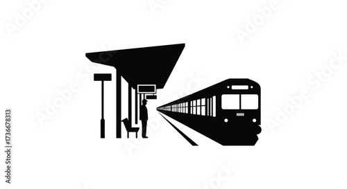 Modern train arriving at a sleek station silhouette with people waiting platform