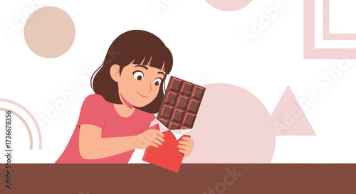 Happy Young Woman Gazing At A Chocolate Bar With A Contentment Expression