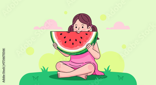 Happy Young Girl Eating Watermelon Outdoors, Illustration of Child Enjoying Fruit, Smiling.