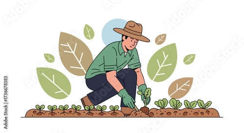 Illustration of a farmer planting crops in a garden, depicting sustainable agriculture