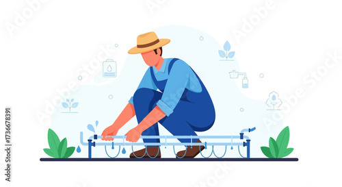 Illustration of a farmer repairing an irrigation system in a garden or field