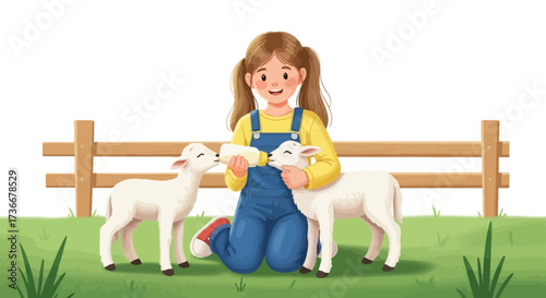 Illustration of a girl bottle-feeding lambs on a farm with a fence and green meadow