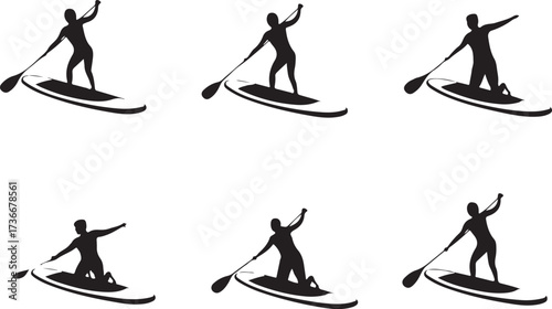 Paddleboarding silhouttee vector on white background