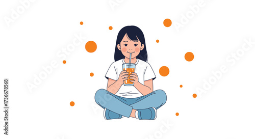 Illustration of a girl enjoying a juice while sitting in a lotus position