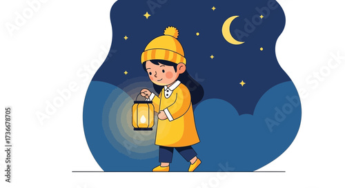 Illustration of a girl walking at night with a lantern under the starry sky