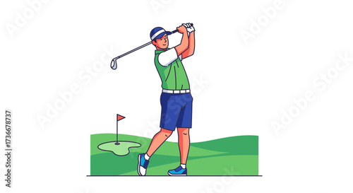 Illustration of a golfer swinging a golf club on a green field during a golf game