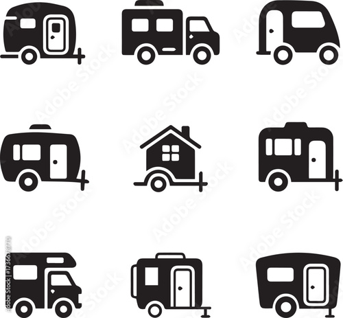 black and white travel trailer and motorhome icon pack scalable vector eps ai