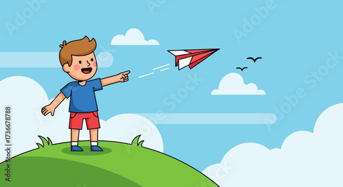 Illustration of a happy boy launching a paper airplane in a sunny day and smiling