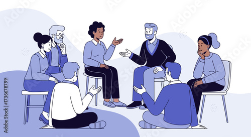 Illustration of a group of diverse people in a circle having a discussion