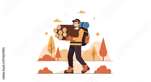 Illustration of a Hiker Carrying Firewood in a Forest, Camping Concept