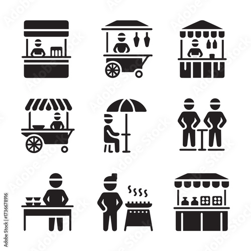 street food vector icon pack 9 silhouettes ai eps png jpeg, market stalls, barbecue, umbrella seating, food vendor scenes