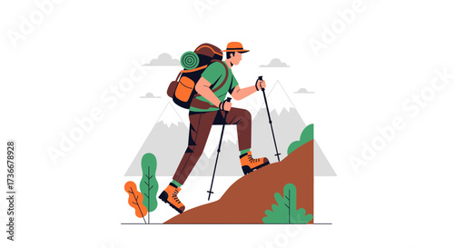 Illustration of a hiker climbing a mountain with gear and walking sticks to overcome a trail