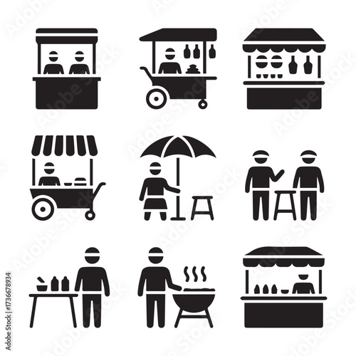 streetfood vendor icons set 3x3 grid vector silhouettes ai eps png jpeg, food cart, stall, grill, outdoor dining