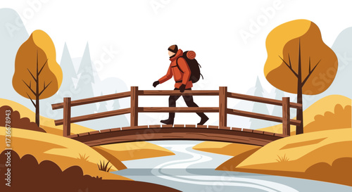 Illustration of a hiker crossing a wooden bridge over a river in a scenic landscape