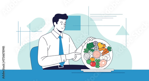 Healthy Eating Illustration: Business Professional Presenting a Balanced Nutritional Plate