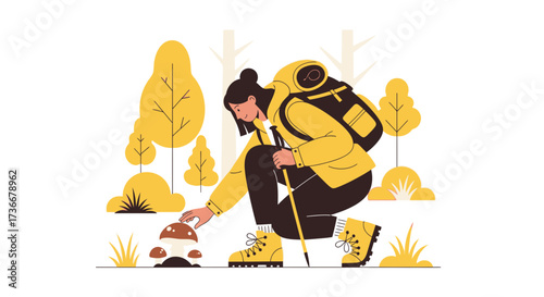 Illustration of a hiker discovering mushrooms in the forest during autumnal season search