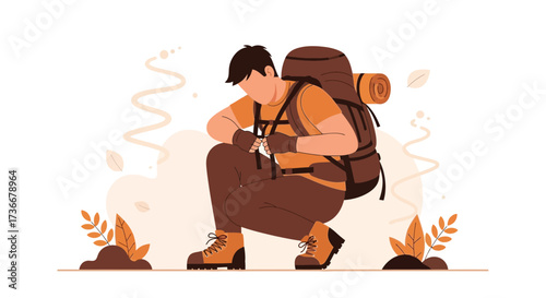 Illustration of a hiker crouching with a backpack ready for an adventure outdoors