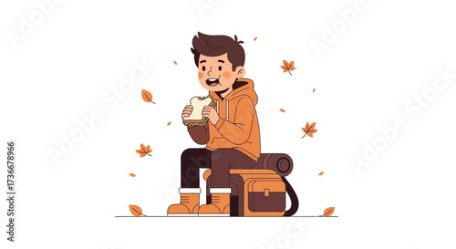Illustration of a hiker enjoying a sandwich with autumn leaves in the background