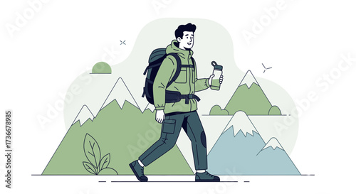 Illustration of a hiker enjoying a mountain hike with a backpack and water bottle