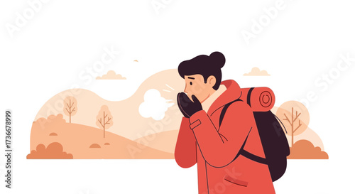 Illustration of a hiker in cold weather, breathing and warming up hand in nature