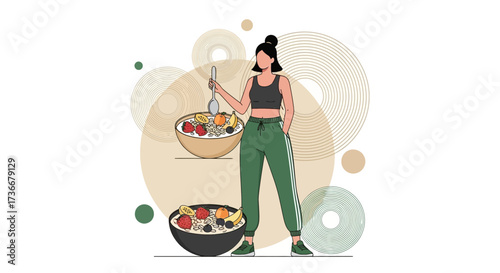 Healthy Lifestyle Choices Emphasized With Colorful Food And A Fit Woman