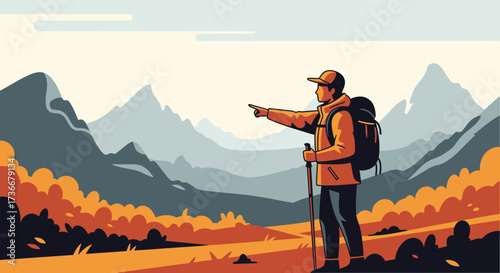 Illustration of a hiker pointing towards mountains during a sunny day of adventure