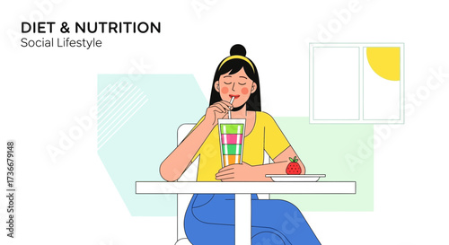Healthy Lifestyle Choice: Woman Enjoying a Colorful Smoothie and a Fresh Strawberry Delight