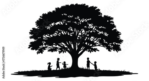 Silhouettes of children playing under a large majestic tree symbolizing childhood growth and family