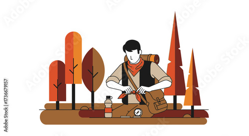 Illustration of a hiker resting in a forest with trees and a map and water bottle