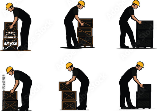 Box lifting silhouette, manual handling, posture variation, pallet stacking, ergonomic study, warehouse safety, worker motion, logistics task, vector icon, industrial action