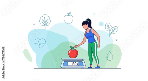 Healthy Lifestyle Embodied: Woman's Wellness Journey With Apple and Weight Scale Illustration