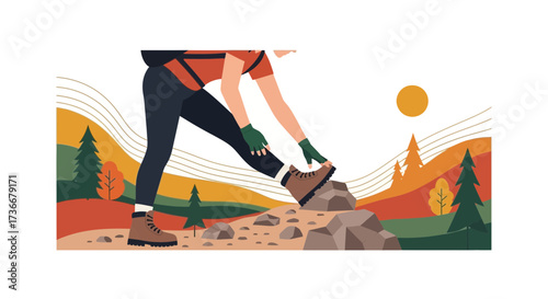 Illustration of a hiker stretching their leg during a mountain hike on a bright day