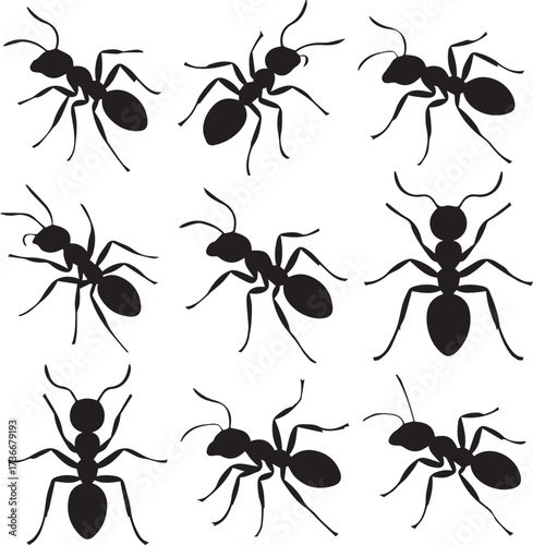 nine black ant silhouettes 3 by 3 tile vector pack for print web logo branding ai eps jpeg png