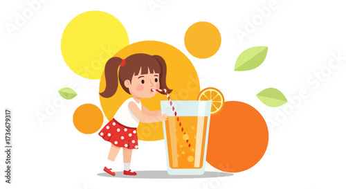 Illustration of a little girl drinking orange juice with a straw with yellow circles