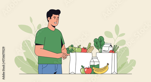 Healthy Man Unpacks Fresh Groceries, Promoting Lifestyle and Nutrition Concepts