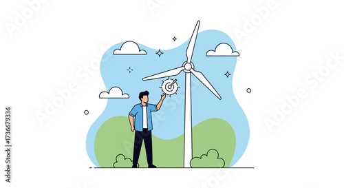 Illustration of a man adjusting a wind turbine in a field environment, renewable energy concept