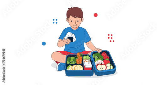 Healthy Packed Lunch: A Happy Child Enjoying a Nutritious Meal in a Colorful Bento Box
