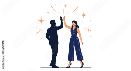 Illustration of a man and woman giving a high five with celebratory stars