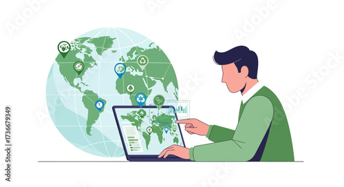 Illustration of a man analyzing global environmental data on a laptop screen