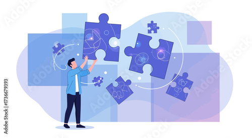 Illustration of a man assembling puzzle pieces representing teamwork and problem-solving