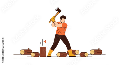 Illustration of a man chopping wood with an axe, work and manual labor concept