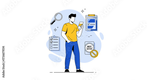Human's Illustration: Checking Product Information and Inspecting a Checklist.